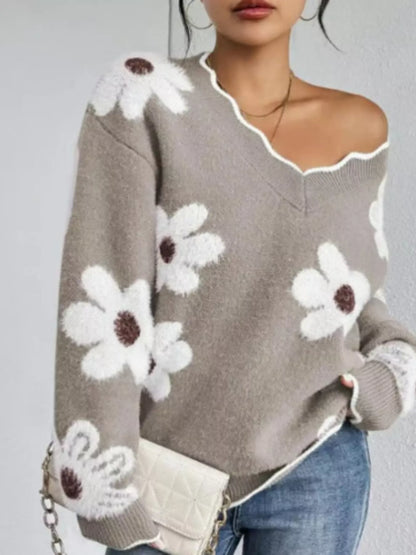 Floral V-Neck Long Sleeve Sweater - Tigbul's Variety Fashion Shop