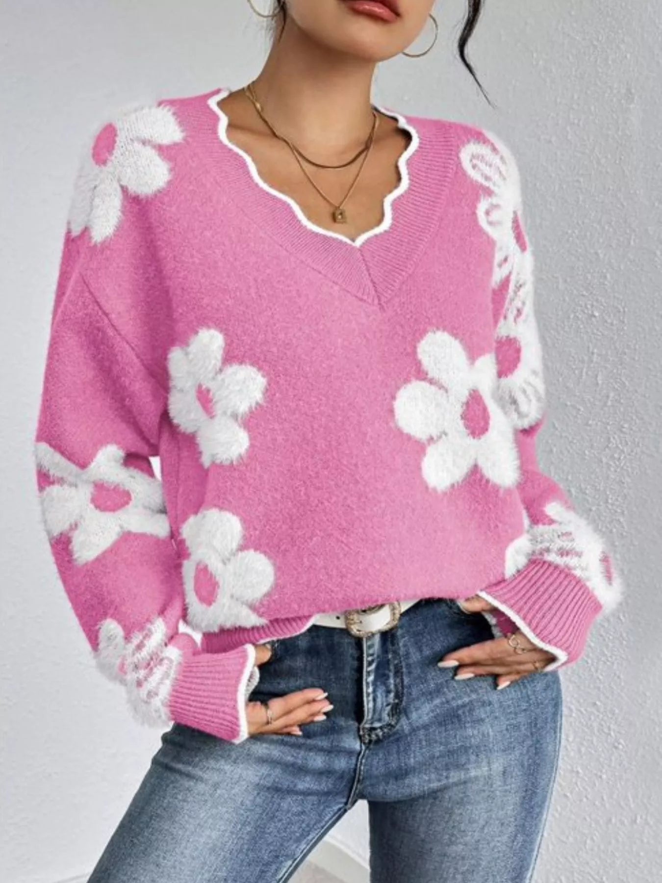 Floral V-Neck Long Sleeve Sweater - Tigbul's Variety Fashion Shop