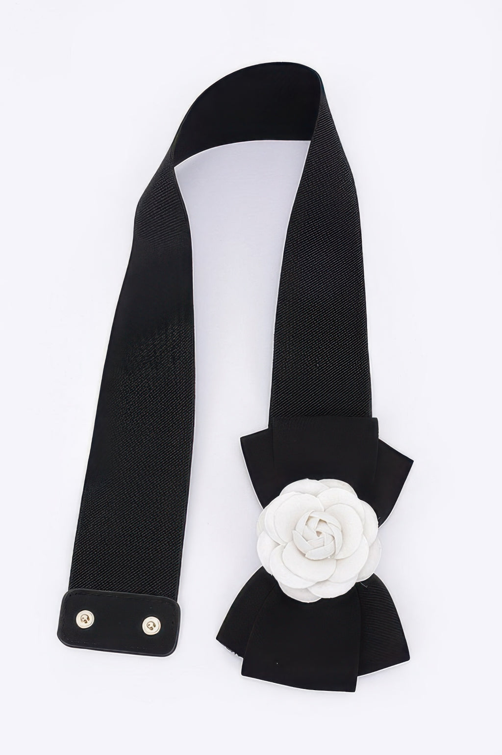Flower Bow Elastic Belt, schwarzes Band mit Metall-Schnalle und weißer Blume