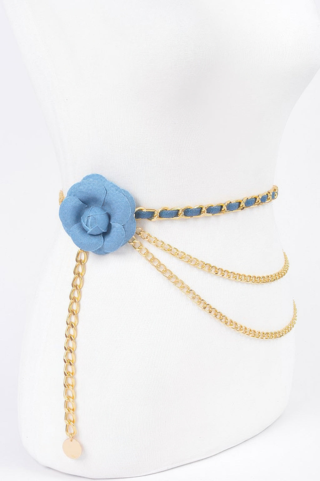 Cinturón de cadena con flor azul de metal, doble capa y eslabones dorados