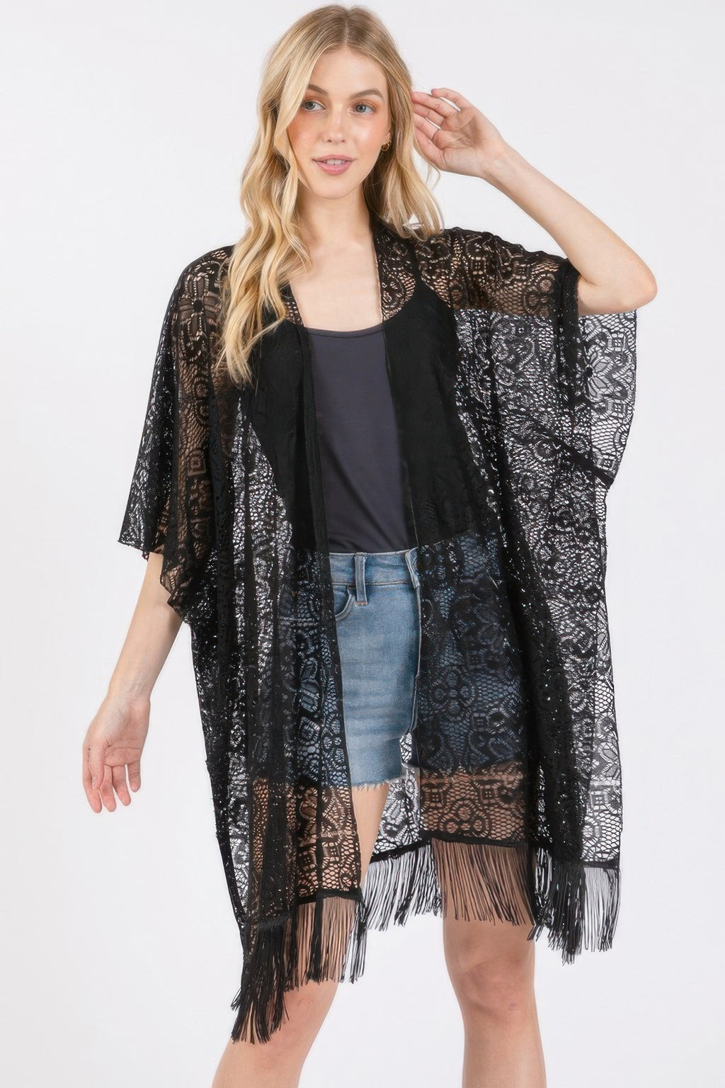 Flower pattern crochet lace cover up, black with tassel fringe hem and open front