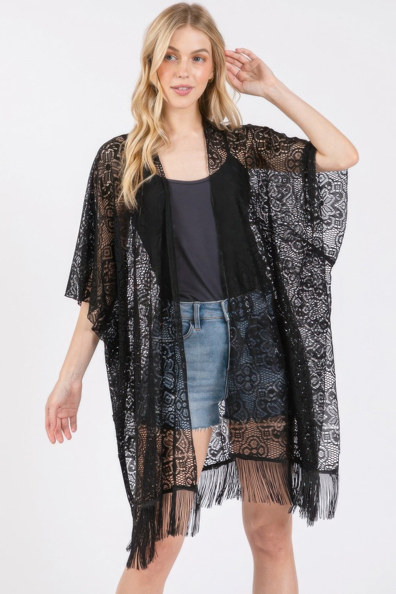 Flower pattern crochet lace cover up, black with tassel fringe hem and open front