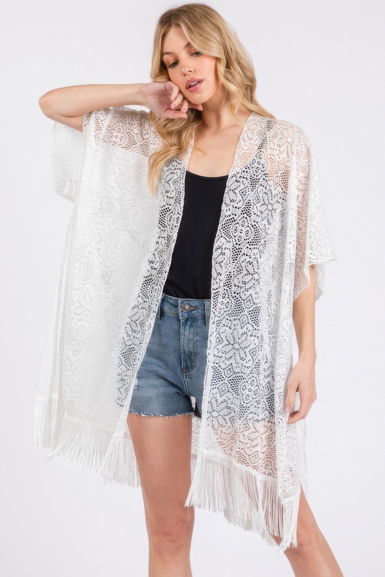 Flower pattern crochet lace cover up, white with tassel fringe and open front