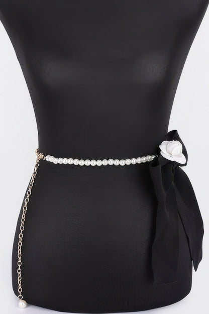 Flower Ribbon Faux Pearl Belt - Tigbul's Variety Fashion Shop