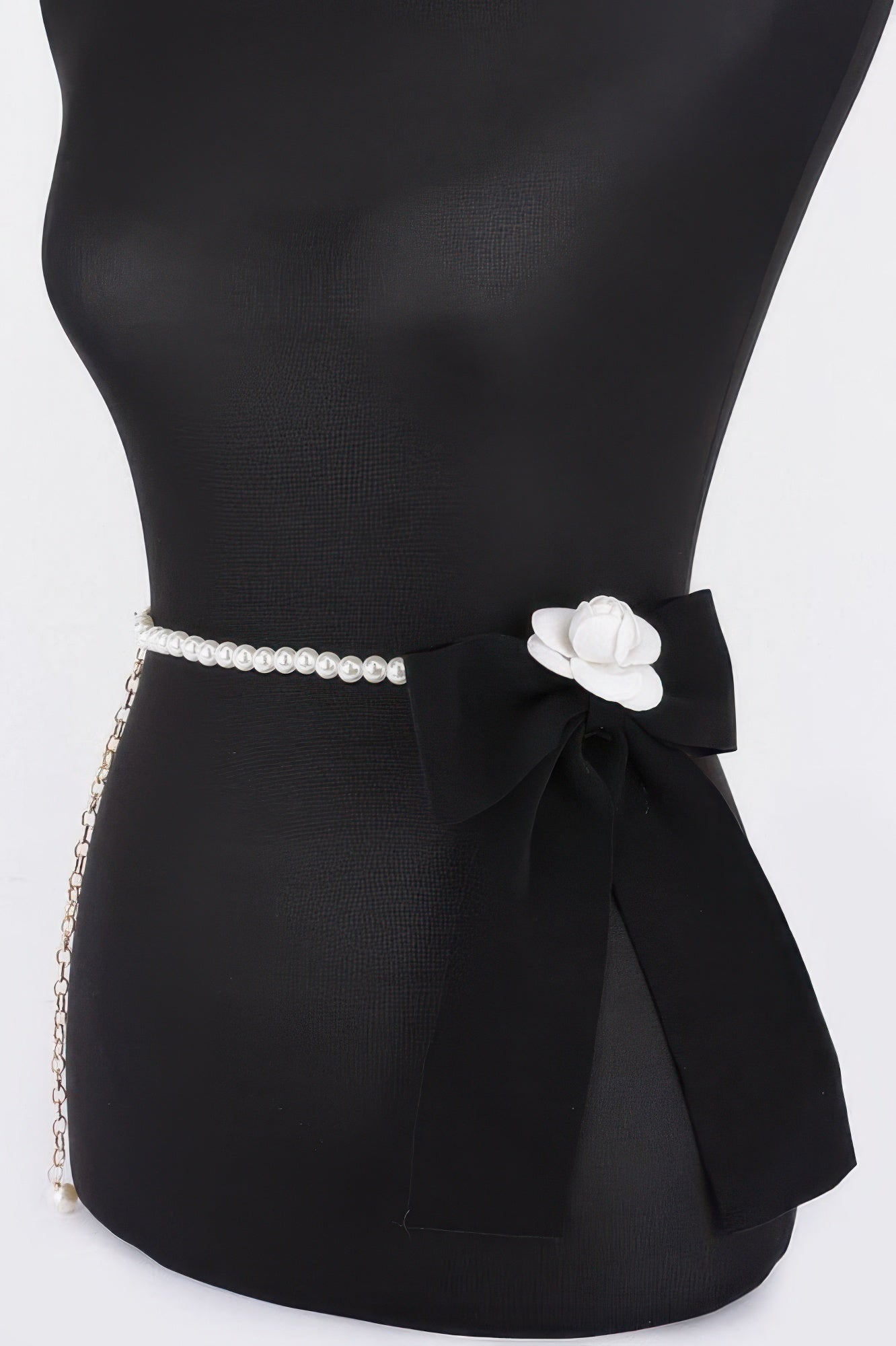 Faux pearl bead belt with black ribbon bow and white flower, long hanging chain