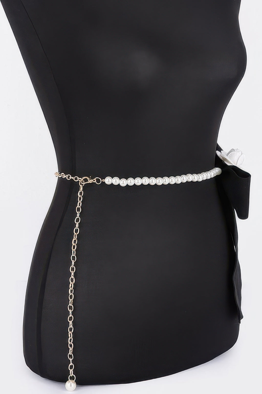 Faux pearl bead belt with chain drop and black ribbon flower on side