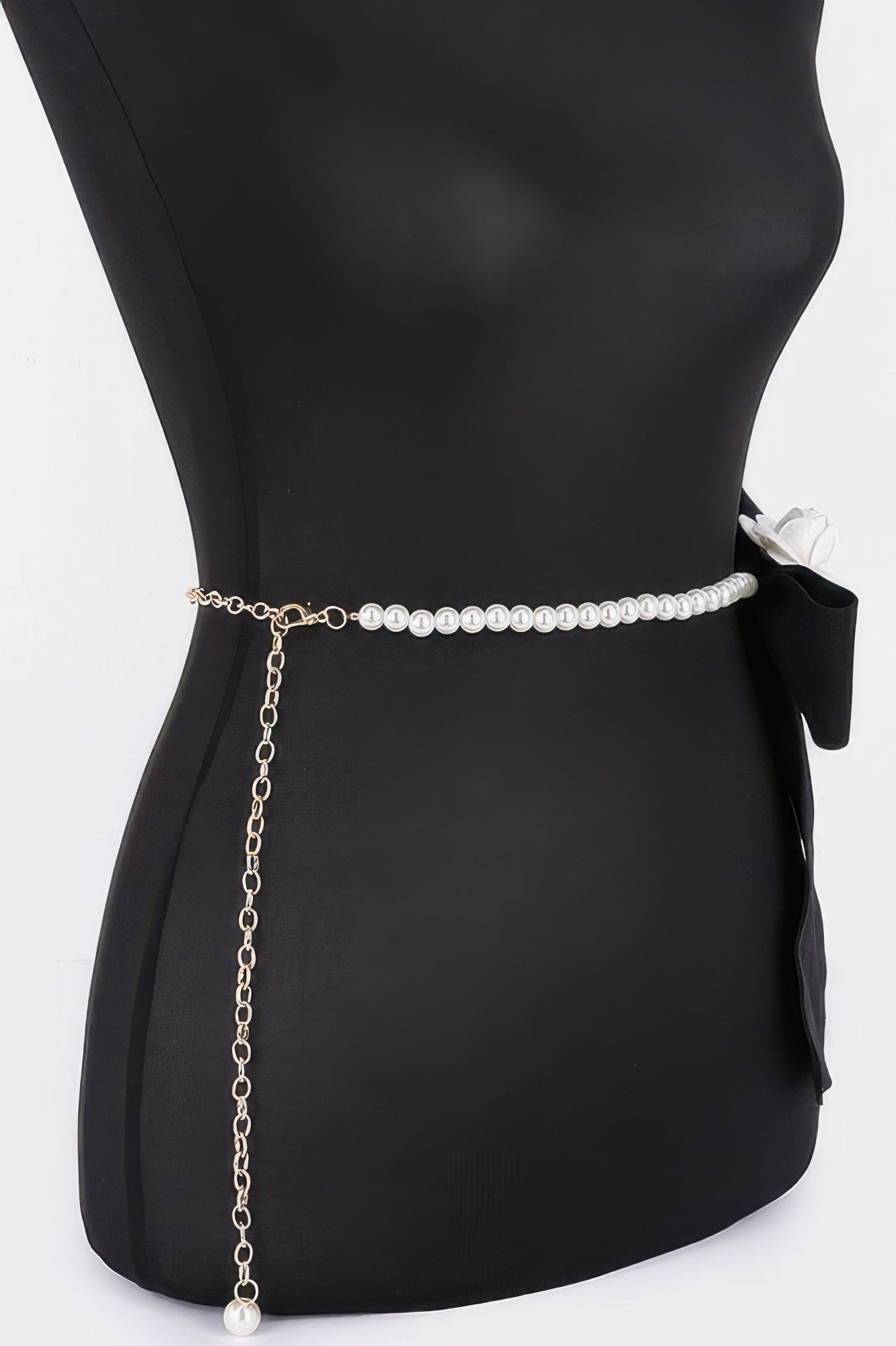 Faux pearl bead belt with chain drop and black ribbon flower on side