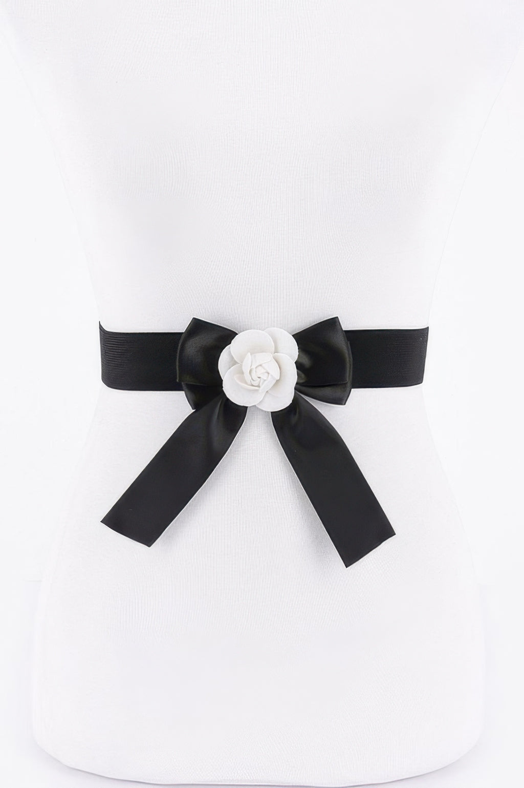Flower satin ribbon elastic belt, black with white flower bow