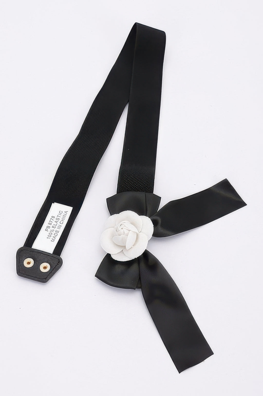 Flower satin ribbon elastic belt, black ribbon with white flower center