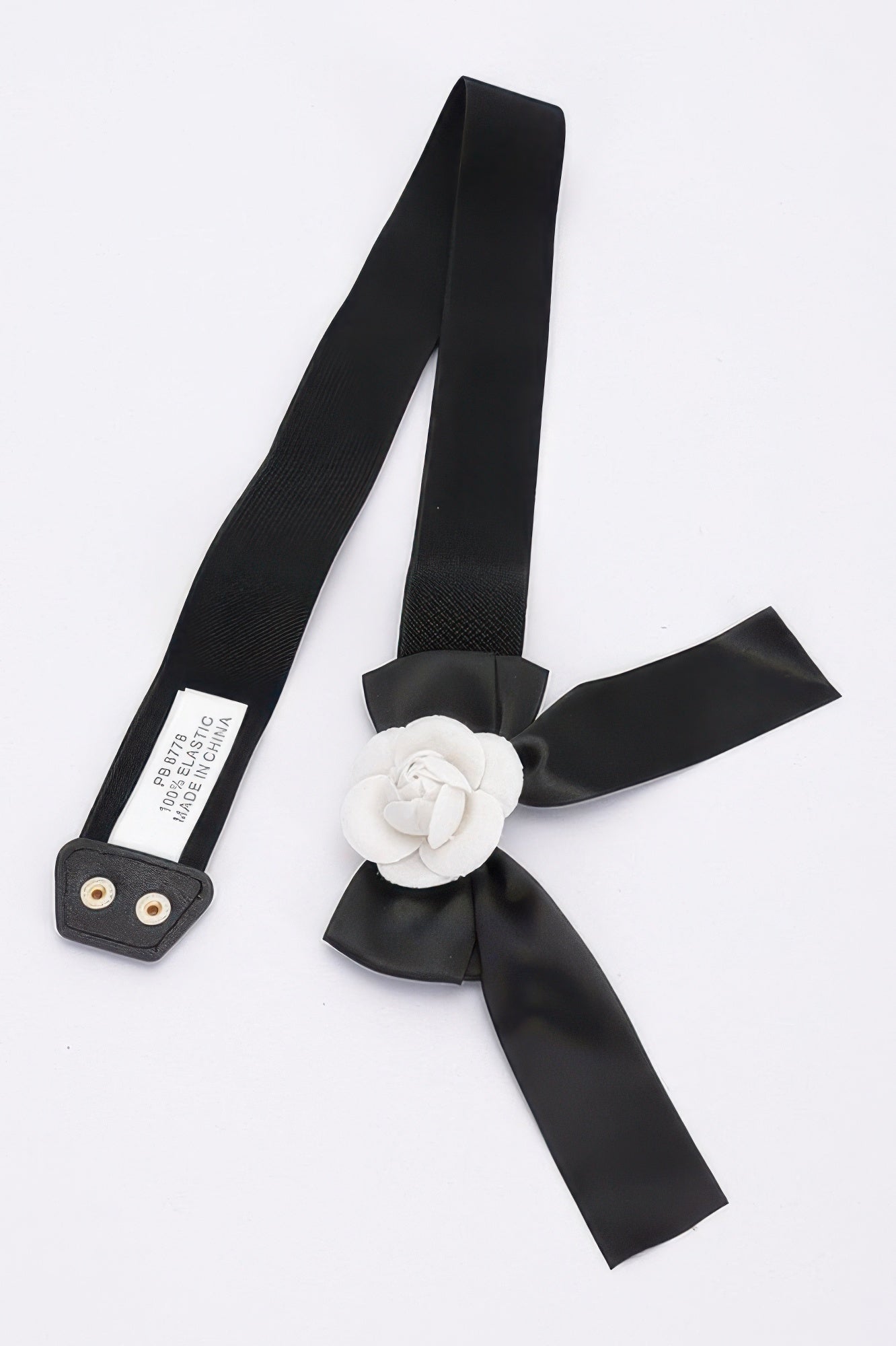 Flower satin ribbon elastic belt, black ribbon with white flower center