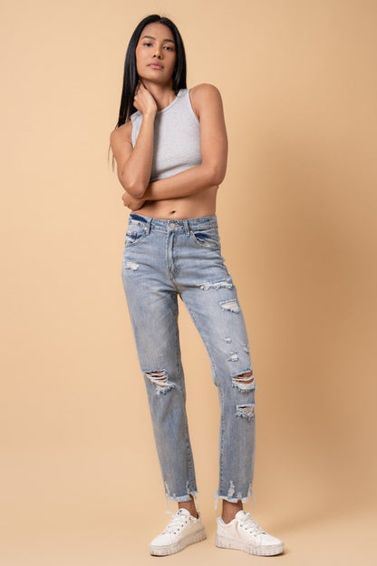 Fray Distressed Girlfriend Jeans - Tigbul's Variety Fashion Shop