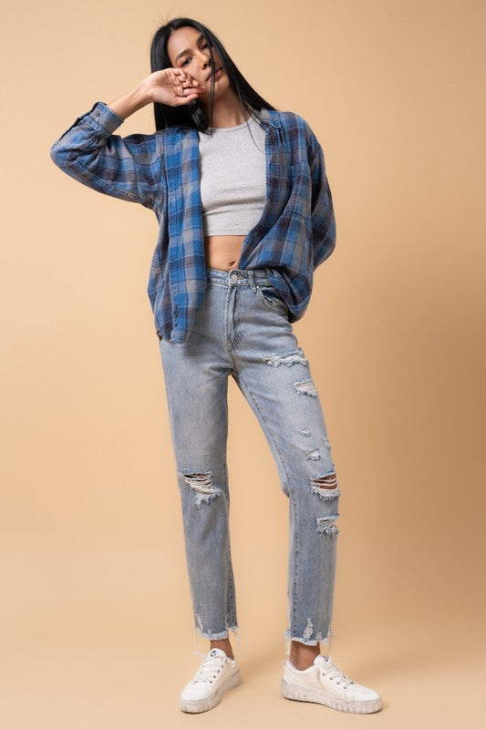 Fray Distressed Girlfriend Jeans - Tigbul's Variety Fashion Shop