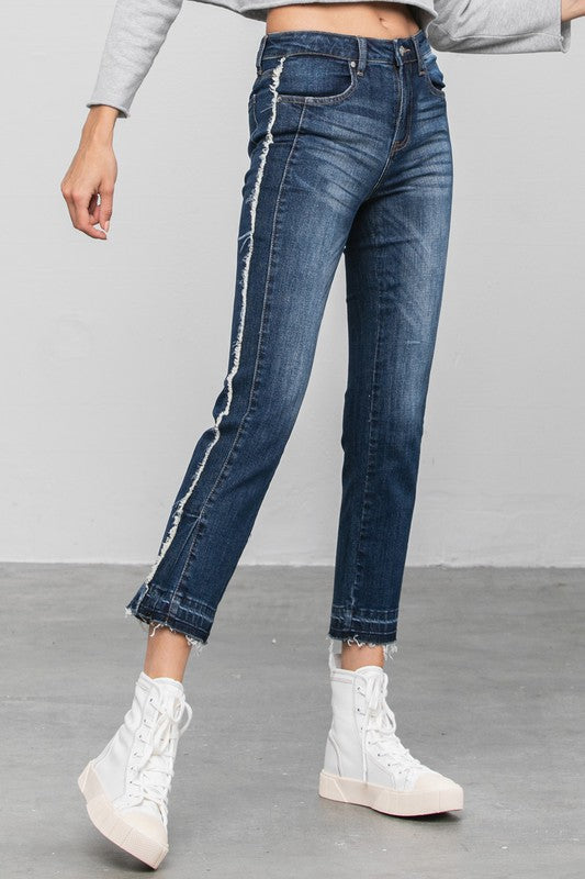 Frayed Hem Dark Wash Cropped Straight Jeans - Tigbul's Variety Fashion Shop
