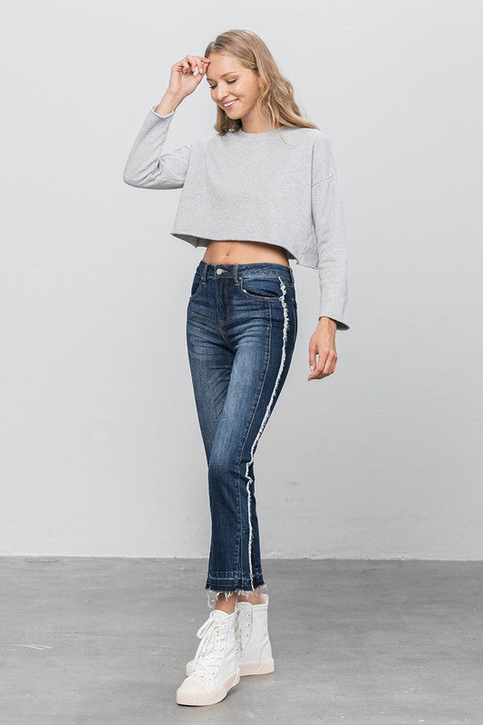 Frayed Hem Dark Wash Cropped Straight Jeans - Tigbul's Variety Fashion Shop