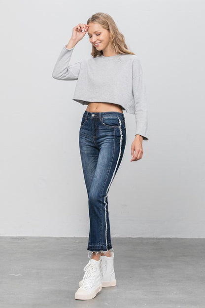 Frayed Hem Dark Wash Cropped Straight Jeans - Tigbul's Variety Fashion Shop