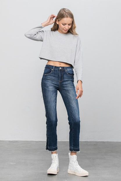 Frayed Hem Dark Wash Cropped Straight Jeans - Tigbul's Variety Fashion Shop