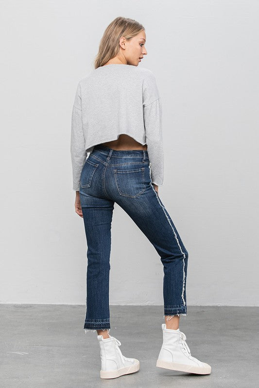 Frayed Hem Dark Wash Cropped Straight Jeans - Tigbul's Variety Fashion Shop