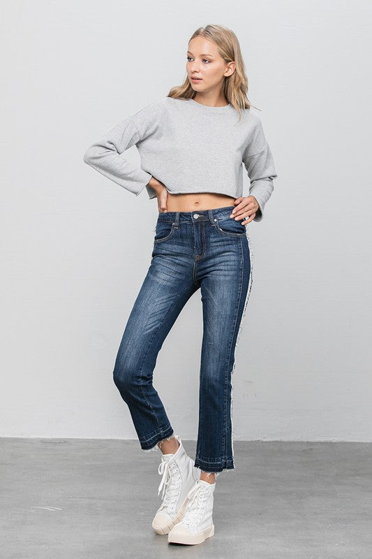 Frayed Hem Dark Wash Cropped Straight Jeans - Tigbul's Variety Fashion Shop