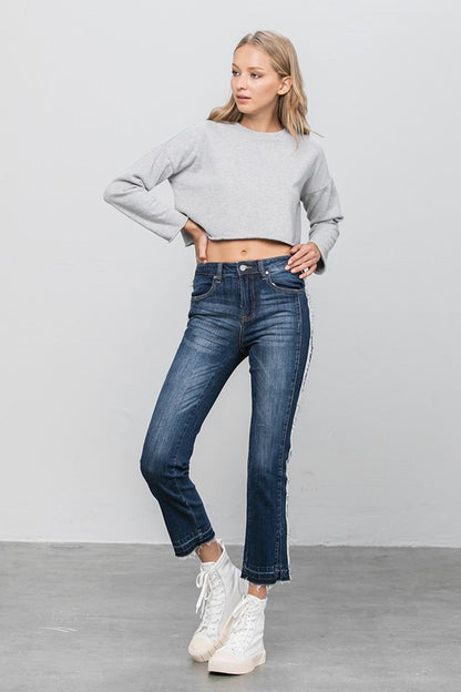 Frayed Hem Dark Wash Cropped Straight Jeans - Tigbul's Variety Fashion Shop