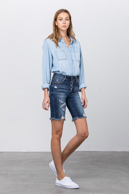 Frayed Raw Hem Ripped Bermuda Shorts - Tigbul's Variety Fashion Shop