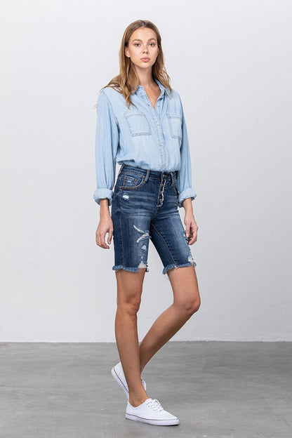 Frayed Raw Hem Ripped Bermuda Shorts - Tigbul's Variety Fashion Shop