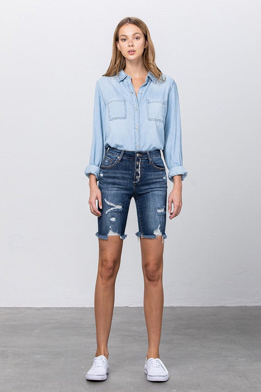 Frayed Raw Hem Ripped Bermuda Shorts - Tigbul's Variety Fashion Shop