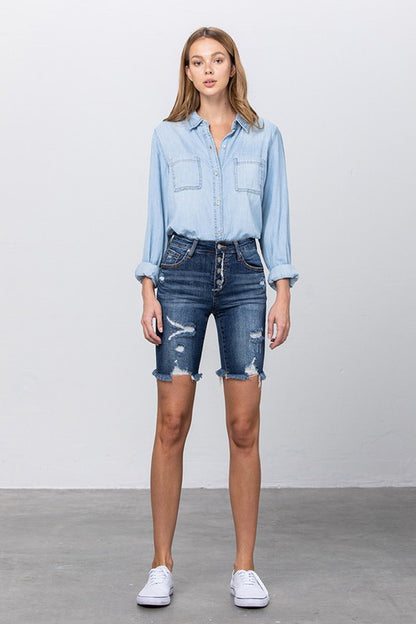 Frayed Raw Hem Ripped Bermuda Shorts - Tigbul's Variety Fashion Shop