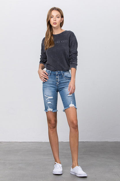 Frayed Raw Hem Ripped Bermuda Shorts - Tigbul's Variety Fashion Shop