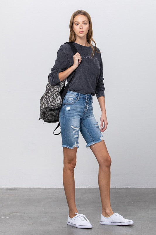 Frayed Raw Hem Ripped Bermuda Shorts - Tigbul's Variety Fashion Shop