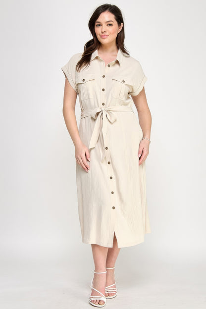 Front Tied Buttoned Short Sleeve Dress - Tigbul's Variety Fashion Shop