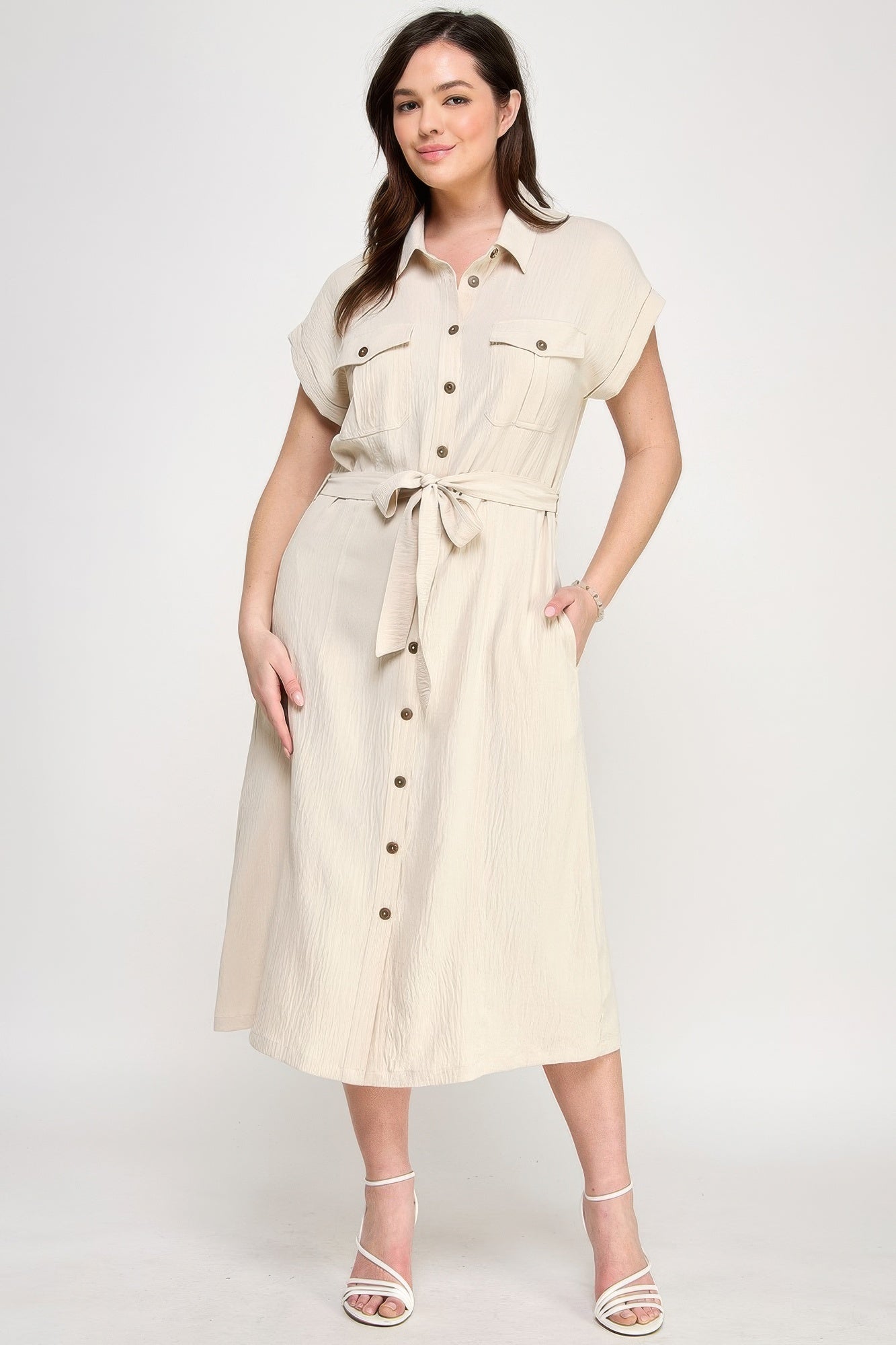 Front Tied Buttoned Short Sleeve Dress - Tigbul's Variety Fashion Shop