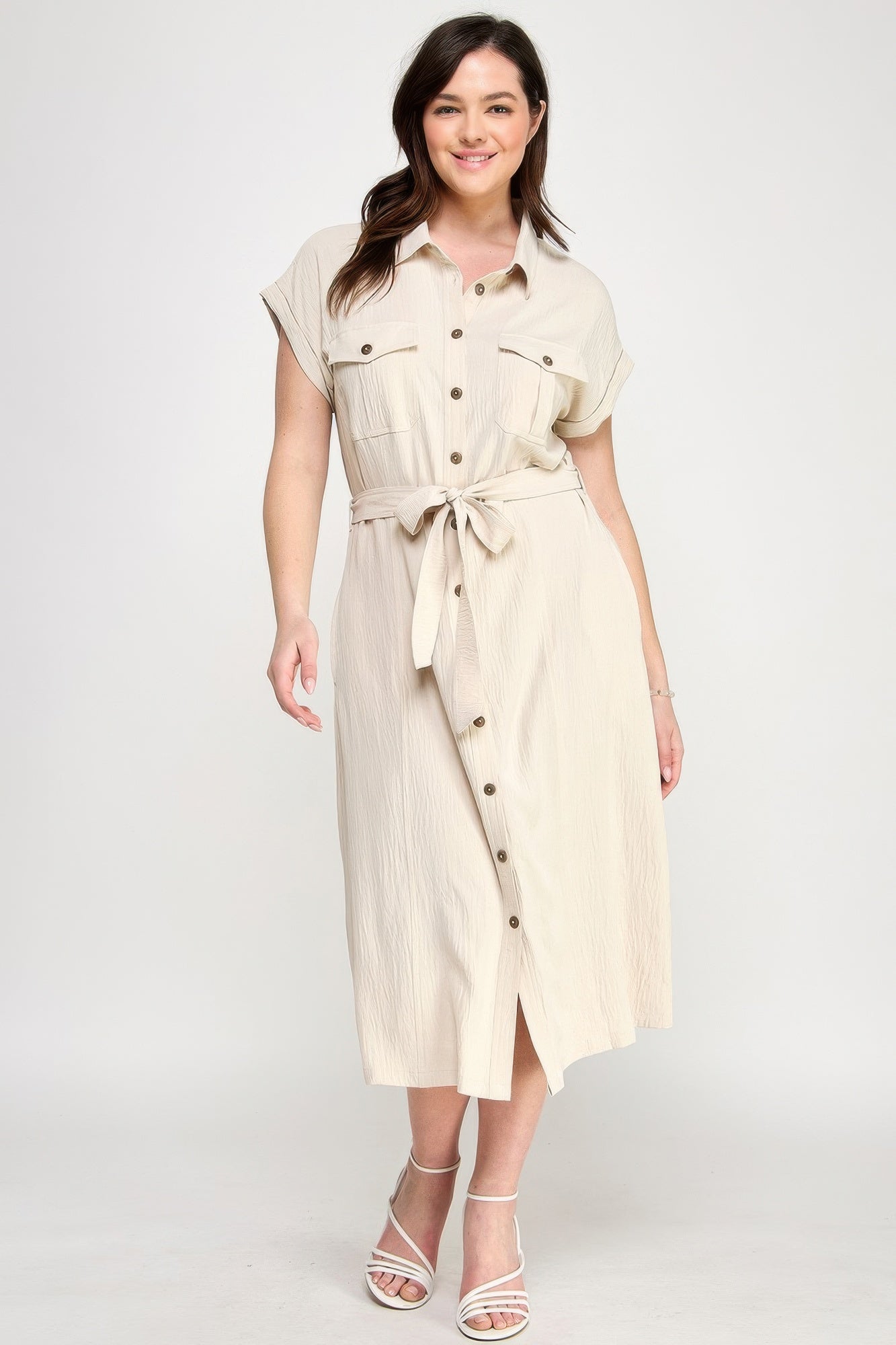 Front Tied Buttoned Short Sleeve Dress - Tigbul's Variety Fashion Shop