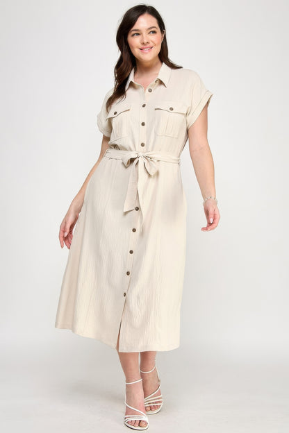 Front Tied Buttoned Short Sleeve Dress - Tigbul's Variety Fashion Shop