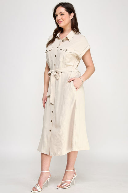 Front Tied Buttoned Short Sleeve Dress - Tigbul's Variety Fashion Shop