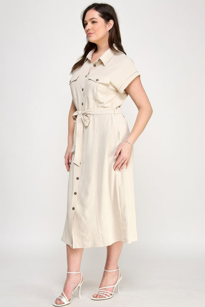 Front Tied Buttoned Short Sleeve Dress - Tigbul's Variety Fashion Shop