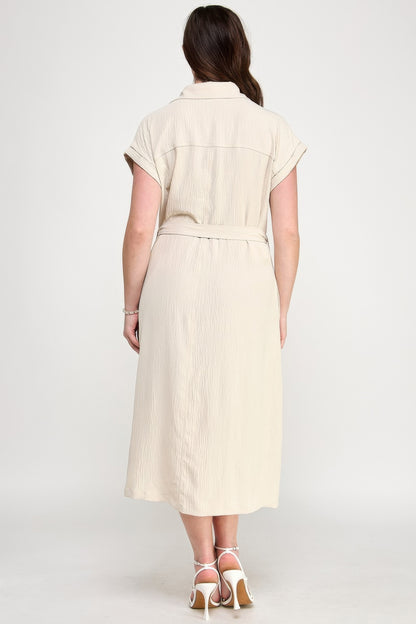 Front Tied Buttoned Short Sleeve Dress - Tigbul's Variety Fashion Shop