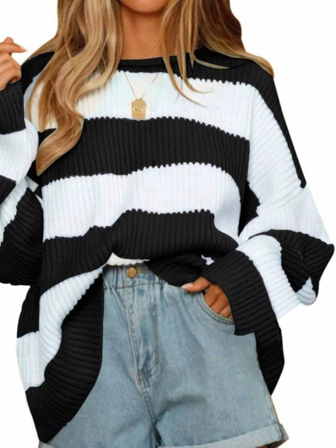 Full Size Contrast Striped Round Neck Sweater Plus Size - Tigbul's Variety Fashion Shop