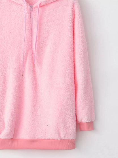 Pink Size Large Half Zip Drawstring Fleece Hoodie