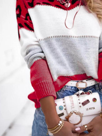 Full Size Leopard Color Block Long Sleeve Sweater Plus Size - Tigbul's Variety Fashion Shop