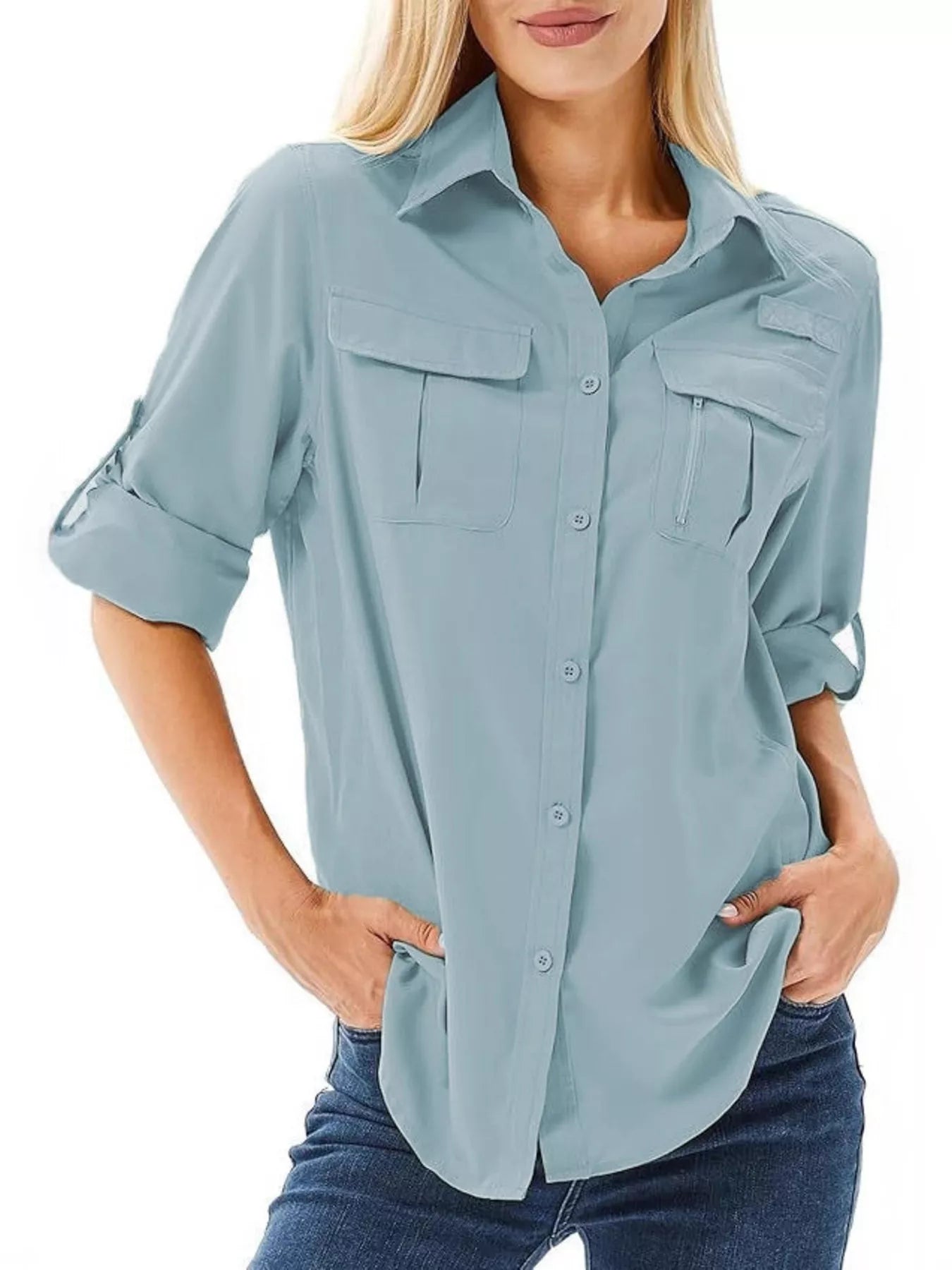 Full Size Roll-Up Sleeve Button Up Shirt Plus Size - Tigbul's Variety Fashion Shop