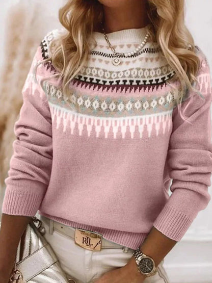 Full Size Vintage Patterned Round Neck Sweater Plus Size - Tigbul's Variety Fashion Shop