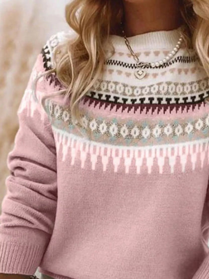 Full Size Vintage Patterned Round Neck Sweater Plus Size - Tigbul's Variety Fashion Shop