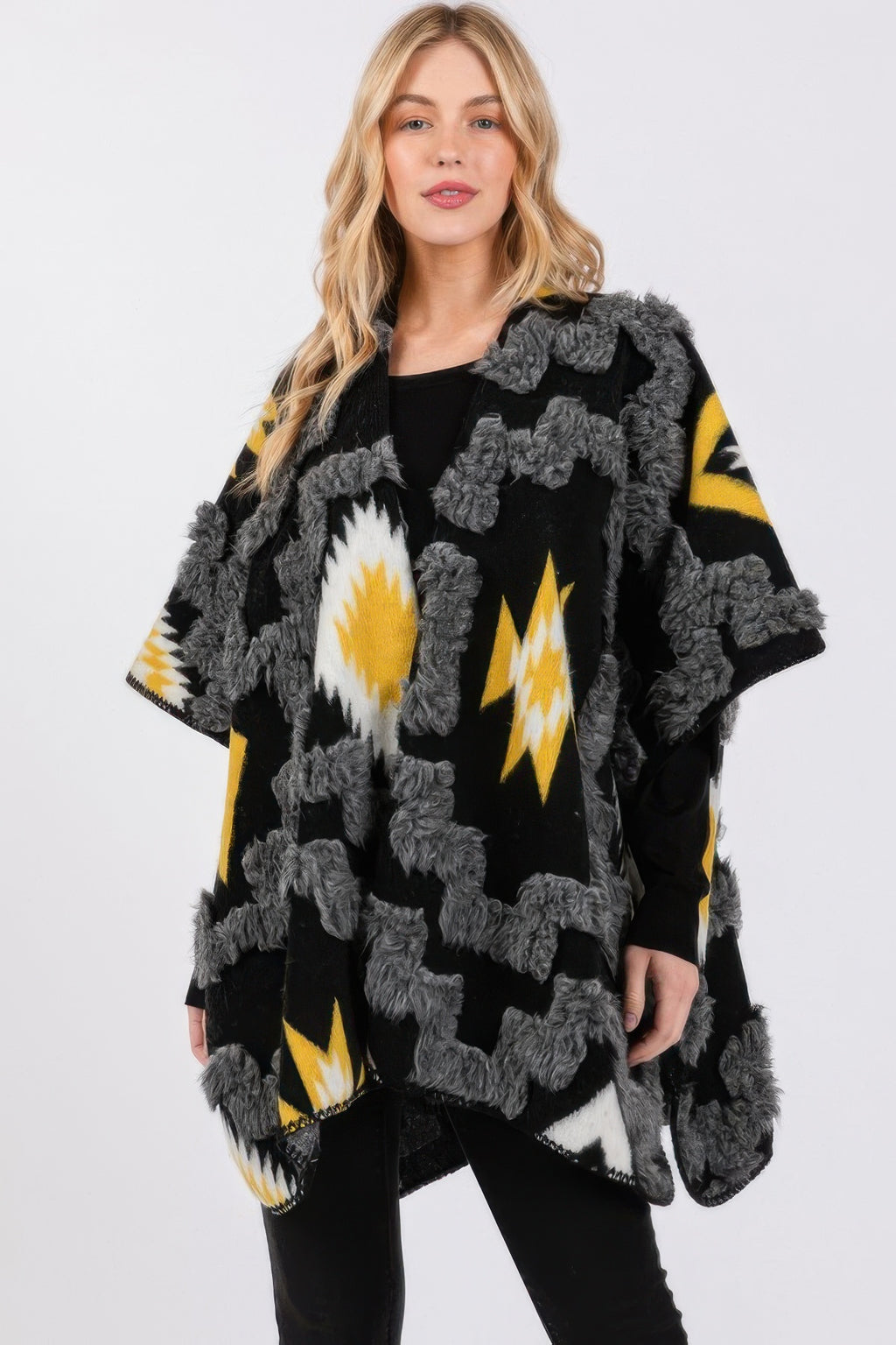 Black fuzzy kimono with Aztec pattern, open front and batwing sleeves
