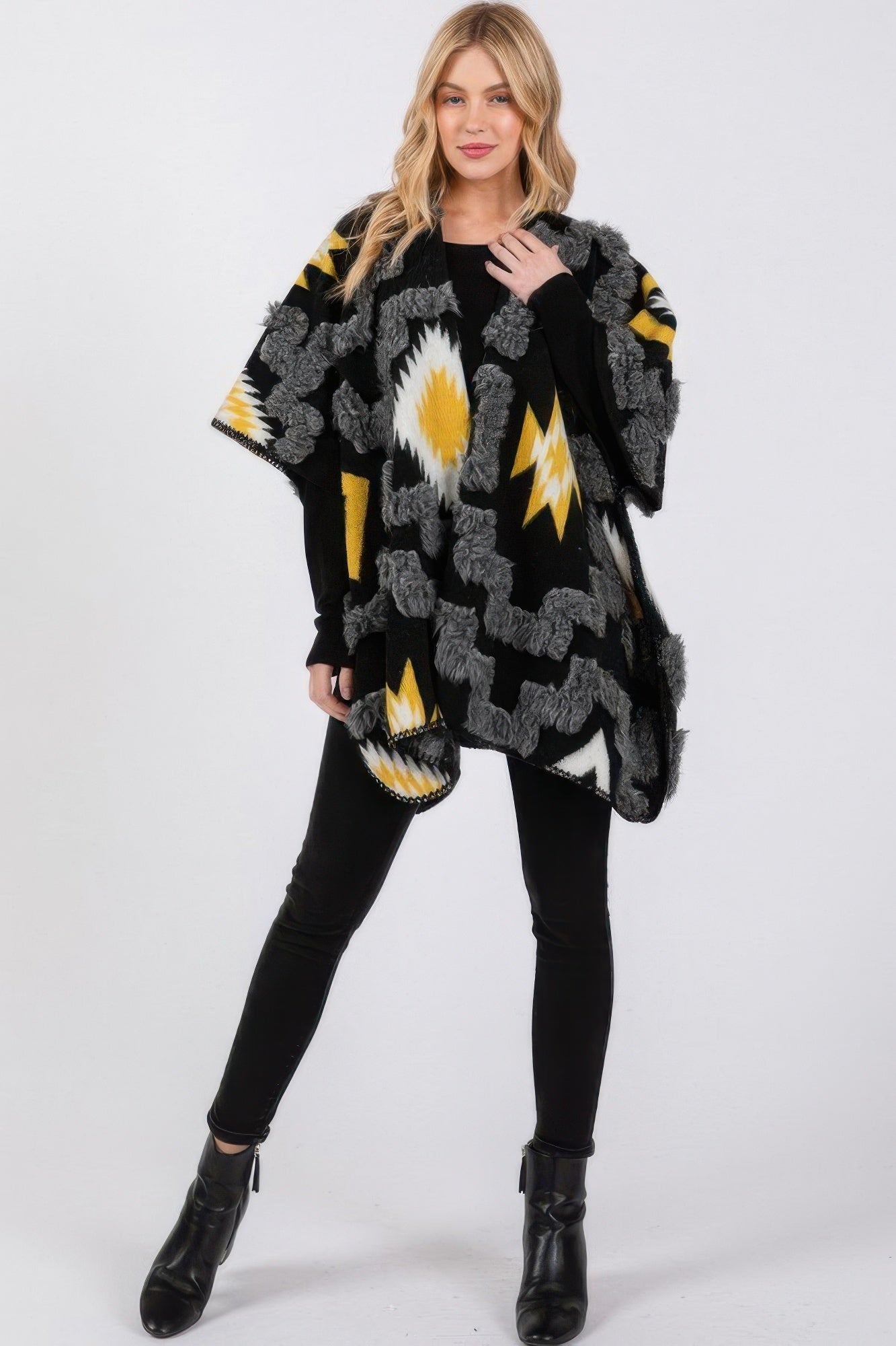 Black fuzzy kimono with Aztec print front, loose fit and batwing sleeves