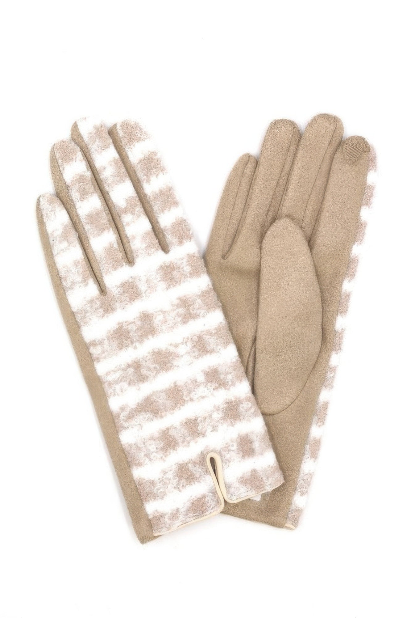 Beige fuzzy plaid smart touch gloves with touchscreen thumb panel and stitched cuff