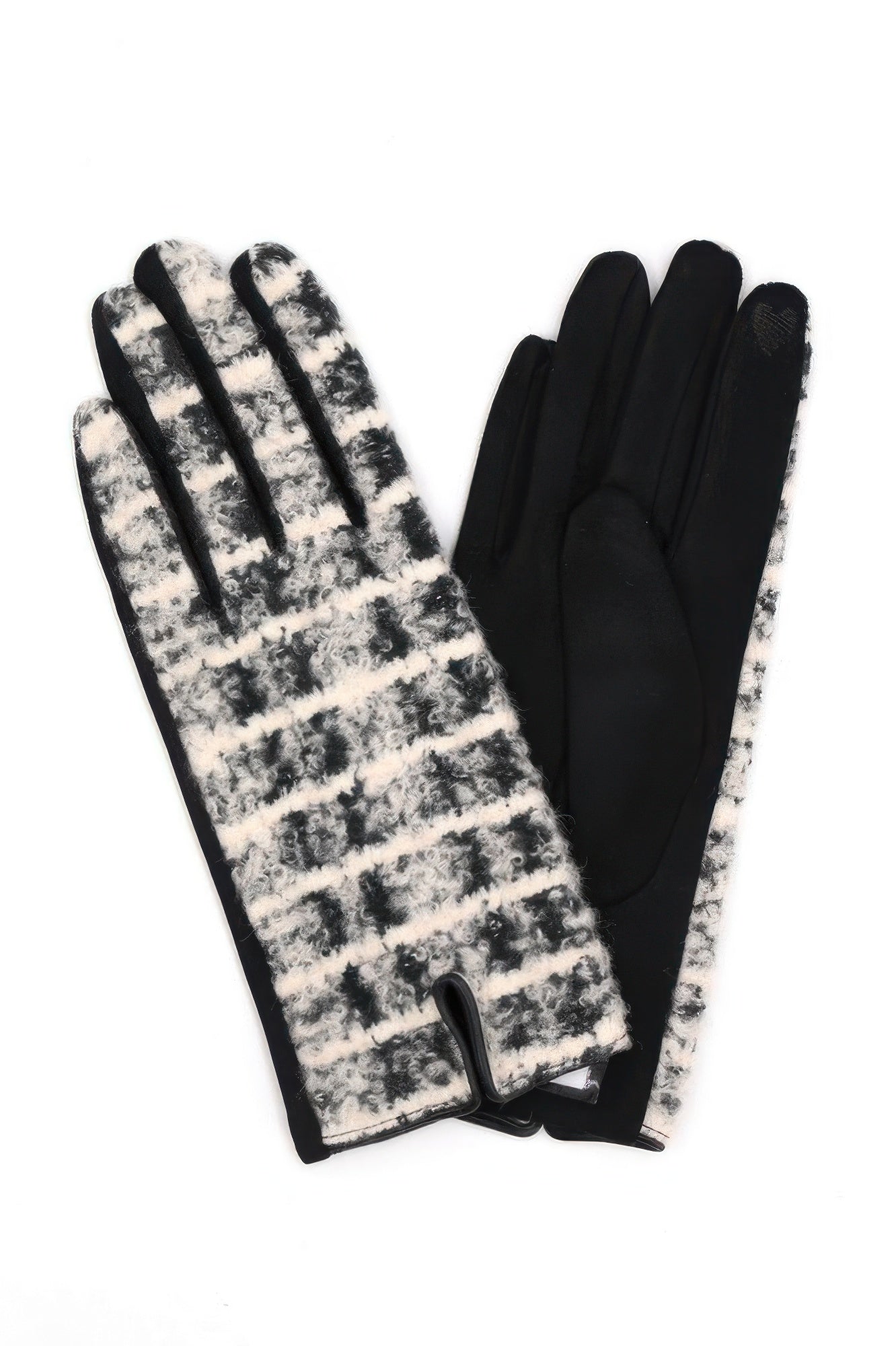 Black fuzzy plaid smart touch gloves, plaid front and solid back panels with touch area