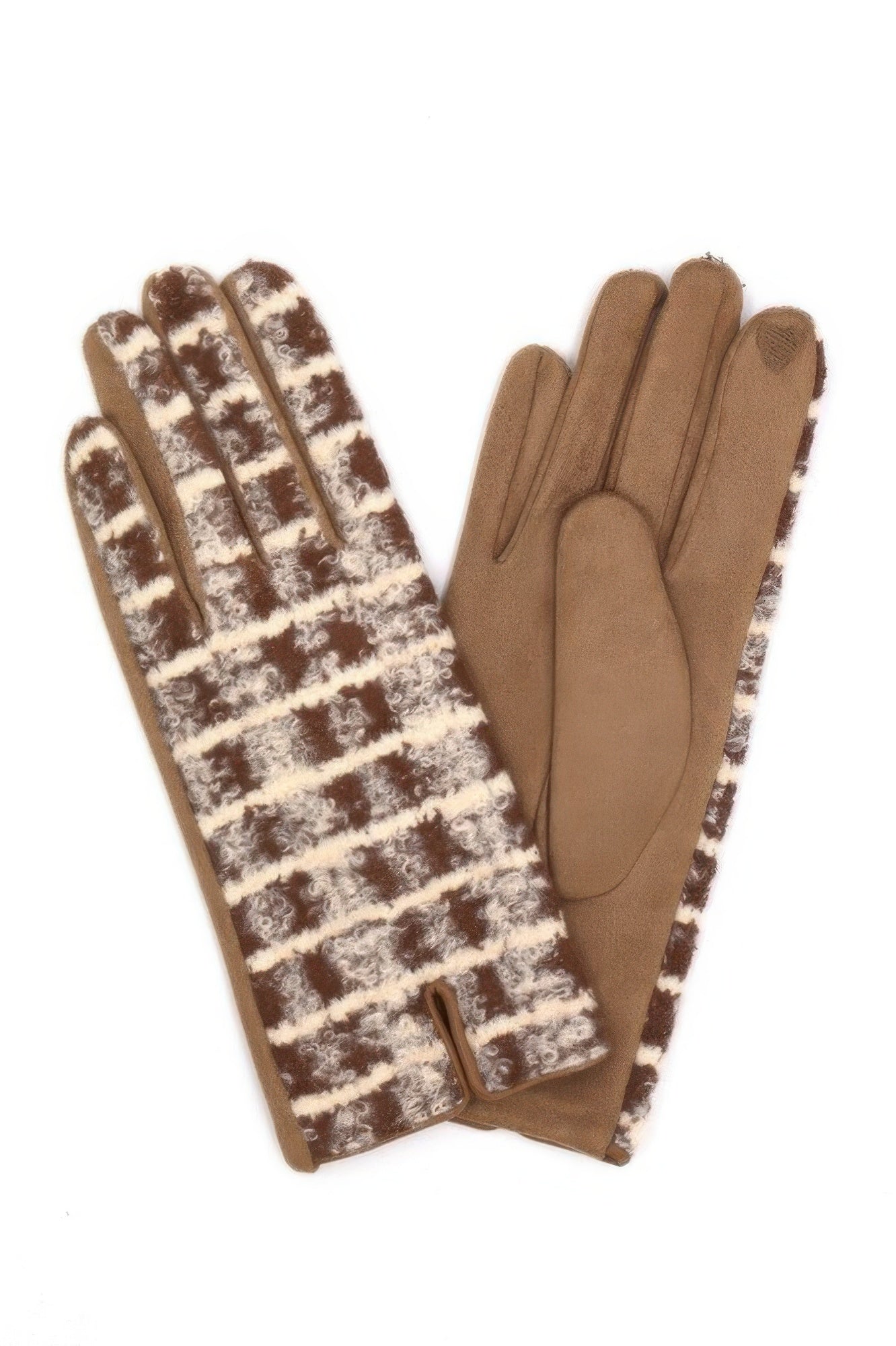 Brown fuzzy check plaid smart touch gloves with solid back and thumb touch detail