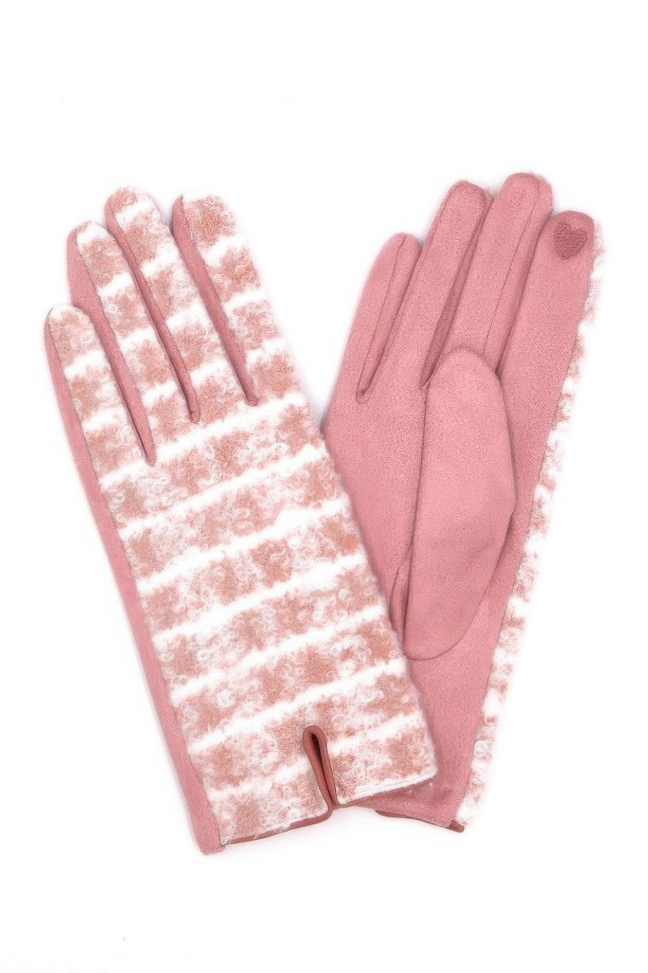 Pink fuzzy plaid smart touch gloves, plaid front with solid back and thumb sensor