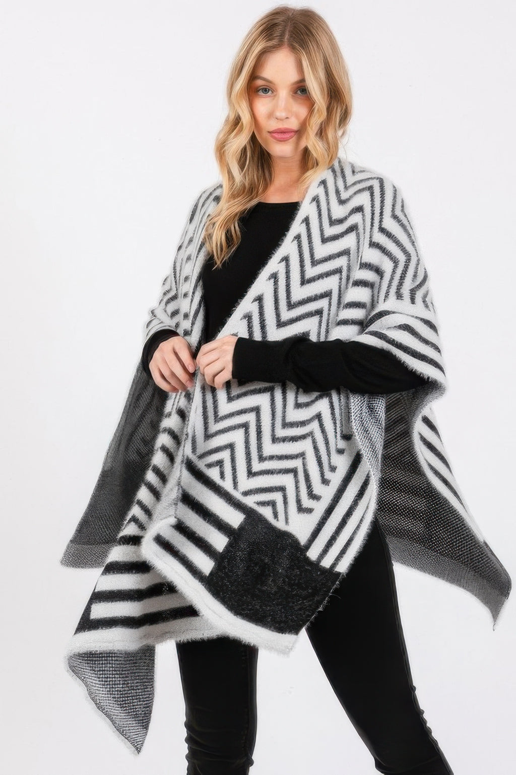 Fuzzy chevron ruana, ivory/black zigzag with matching fuzzy front pouch