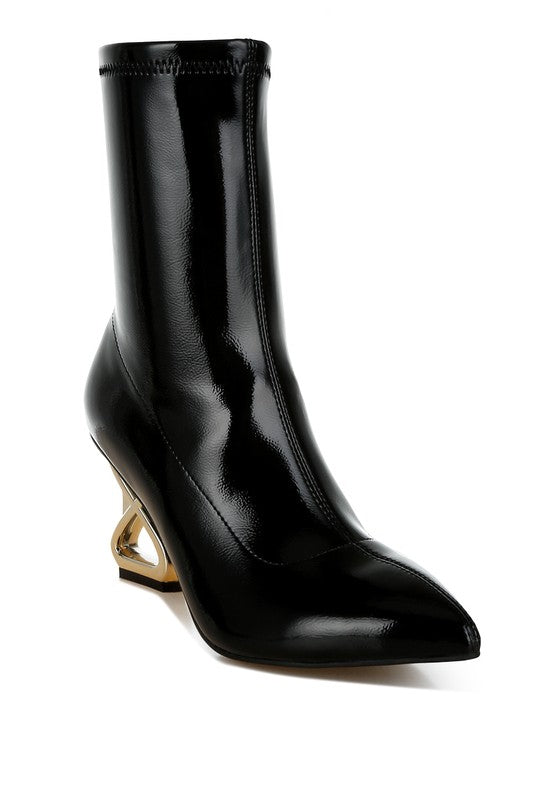 Black patent faux-leather ankle boots with gold geometric block heel and side zipper